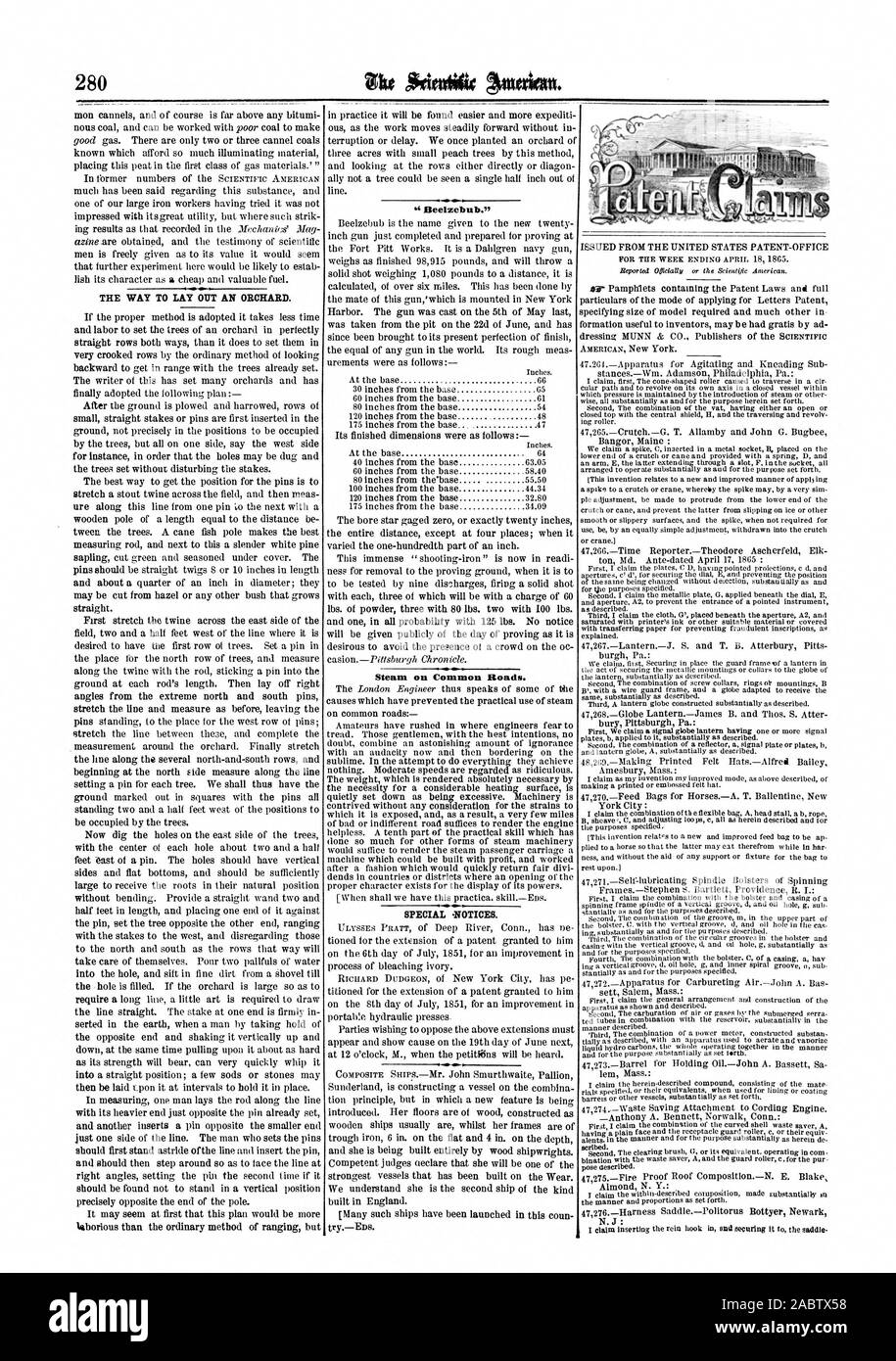 THE WAY TO LAY OUT AN ORCHARD. Beetzebub. Steam on Common Roads. SPECIAL -NOTICES. Reported 0 fficially or the Scientific American., 1865-04-29 Stock Photo