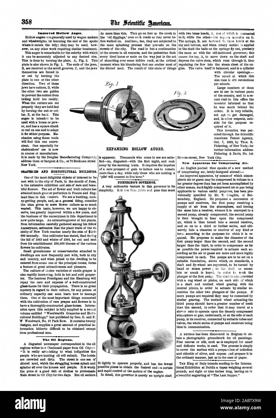 Improved Hollow Auger. The Oil Regions. New Apparatus for Compressing Air. EXPANDING HOLLOW AUGER., scientific american, 1865-06-03 Stock Photo