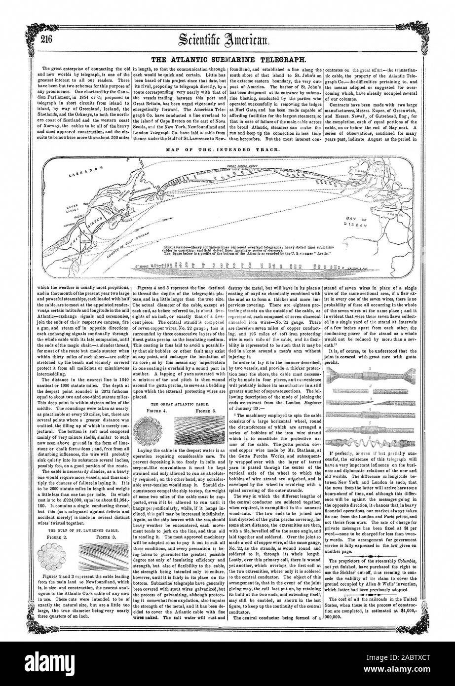 THE ATLANTIC SUBMARINE TELEGRAPH. MAP OF THE INTENDED TRACK. BAY or, scientific american, 1857-03-14 Stock Photo