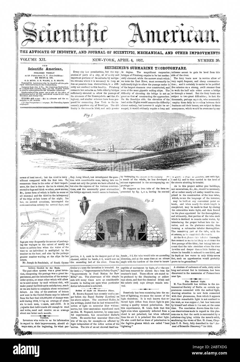 THE ADVOCATE OF INDUSTRY AND JOURNAL OF SCIENTIFIC MECHANICAL AND OTHER IMPROVEMENTS VOLUME XII. SENDZIMIR'S SUBMARINE THOROUGHFARE. Scientific American 414, 1857-04-04 Stock Photo