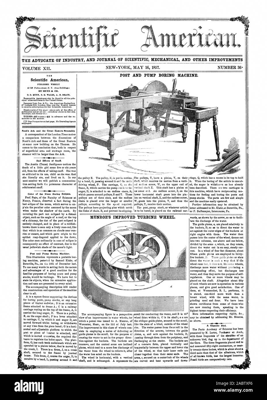 VOLUME XII. NEW-YORK MAY 16 1857. NUMBER 36. Scientific American Noah's Ark and the Great Eastern Steamship . 4 Had Effects of Snuff. Post and Pump Boring Machine. MUNROE'S IMPROVED TURBINE WHEEL., 1857-05-16 Stock Photo