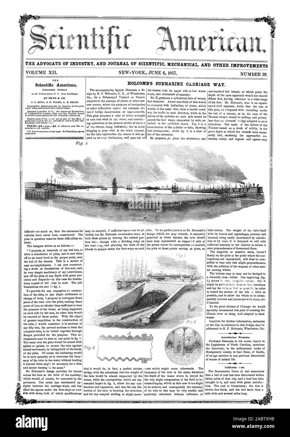 THE ADVOCATE OF INDUSTRY AND JOURNAL OF SCIENTIFIC MECHANICAL AND OTHER IMPROVEMENTS SUBMARINE CARRIAGE WAY Scientific American HOLCOMB'S I., 1857-06-06 Stock Photo