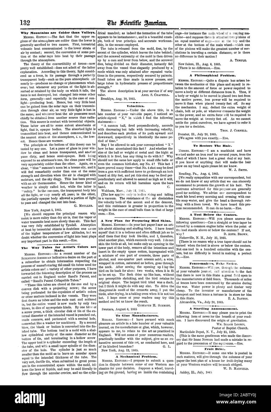 132 A Philosophical Problem. Why Mountains are Colder than Valleys. To Restore The Hair. Velocities. A A New Plan for Preparing Bird Skins. A Tool Below the Centers. AO VIP Fence-makers Take Notice. Fruit Drier. The Way Tubes for Artist's Colors are Made. To Glue Manufacturers. A Mechanical Problem. scientific american, 1865-08-26 Stock Photo