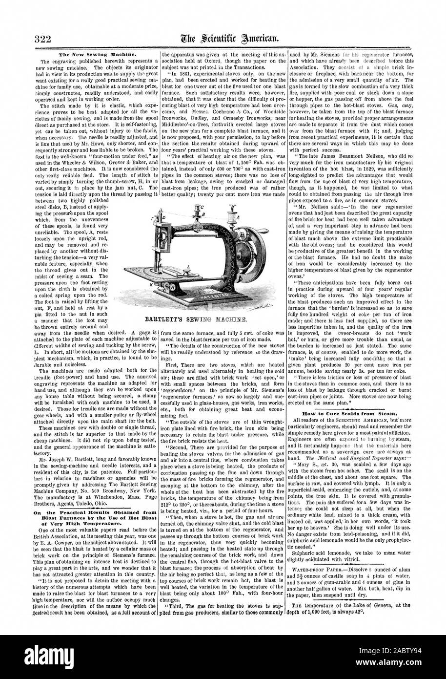 The New Sewing Machine. On the Practical Results Obtained from Blast Furnaces by the Use of Rot Blast of Very nigh Temperature. How to Cure Scalds from Steam., scientific american, 1865-11-18 Stock Photo