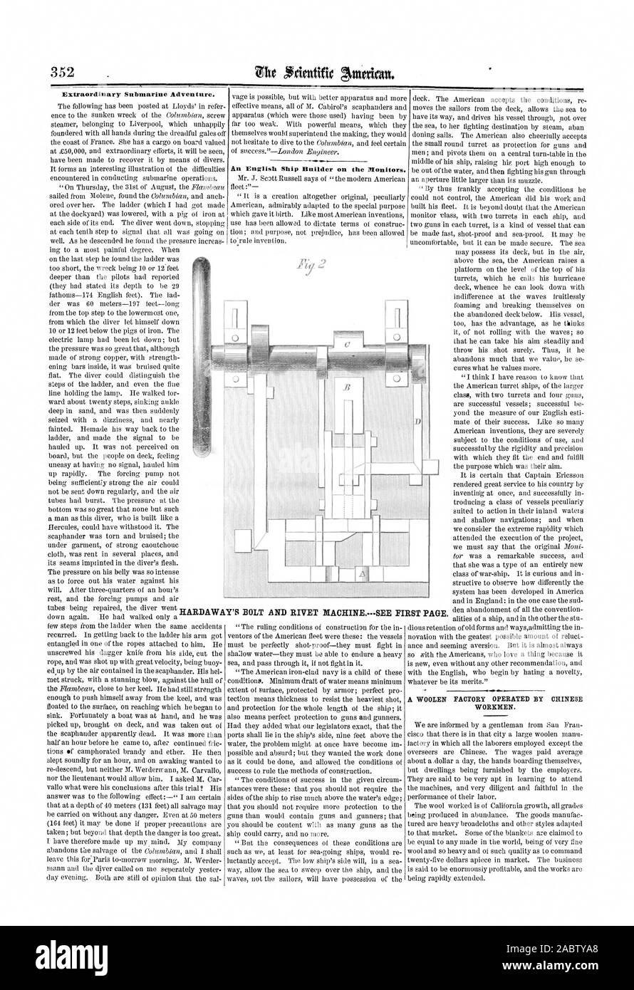 Extraordinary Submarine Adventure. HARDAWAY S BOLT An English Ship Builder on the Monitors. AND RIVET MACHINE.SEE FIRST PAGE., scientific american, 1865-12-02 Stock Photo