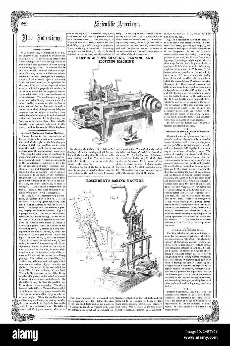 Mining Machine. Improved Platting and Slotting Machine. Machine for snaking Plated or Covered Cord. .-gss Grinding and Polishing Glass. BARTON & SON'S SHAPING PLANING AND SLOTTING MACHINE. BOSENBURY'S BORING MACHINE., scientific american, 1858-03-20 Stock Photo