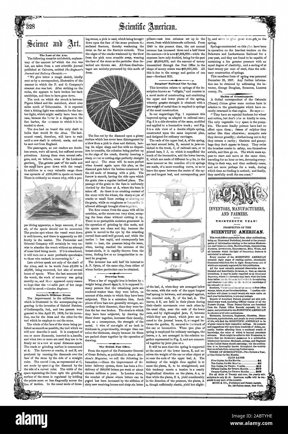 The Loss of the Ava. Natcher's Millstone Dress. Drawing Iron. The British  Post Office. Douglass' Railroad Car Spring. Habits of Grasshoppers.  THIRTEENTH YEAR SCIENTIFIC AMERICAN. PATENTS INVENTIONS ENGINEERING MILL  WORK and knowledge