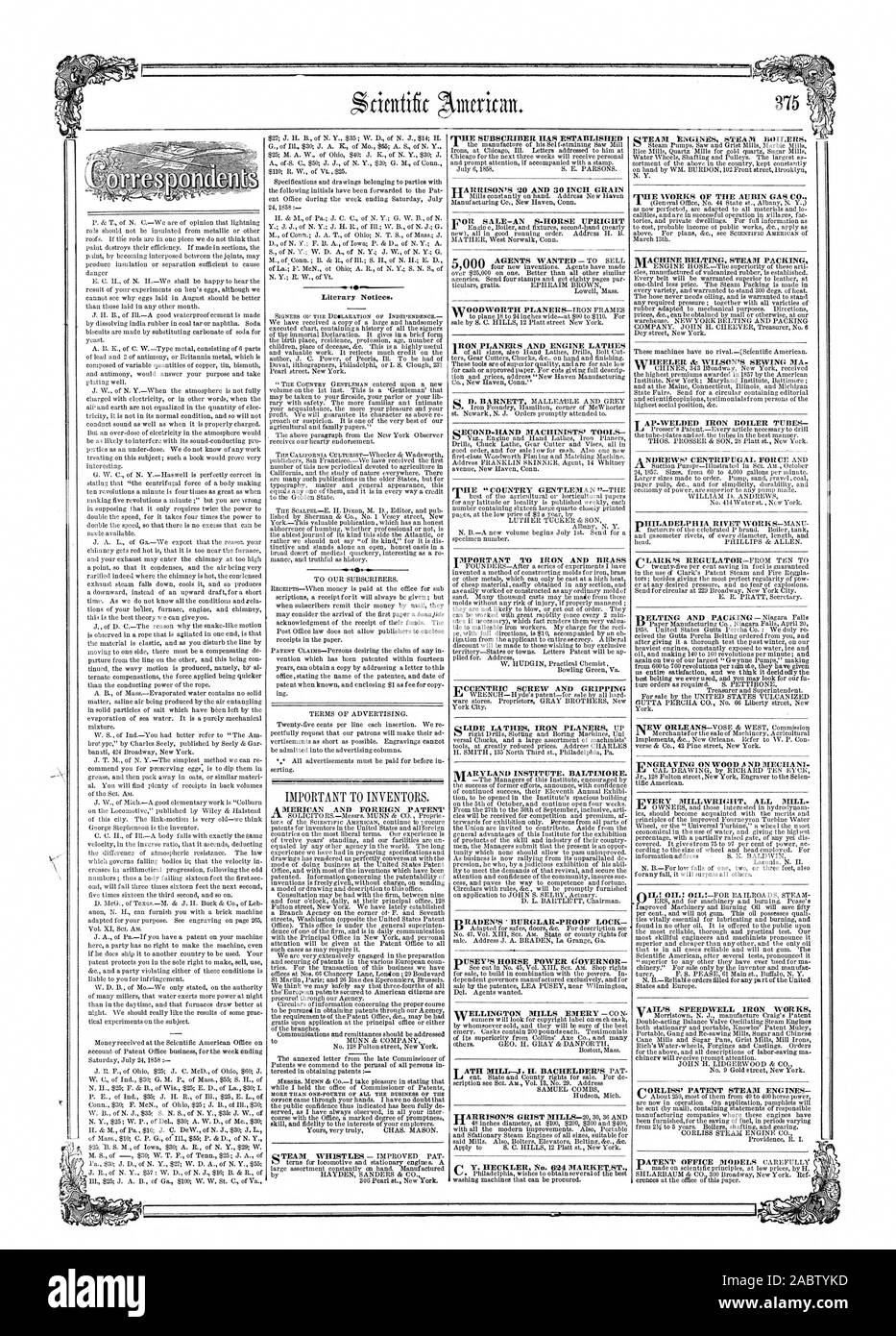 We are of opinion that lightning rTIHE SUBSCRIBER HAS ESTABLISHED VOII SALE—AN 8-HORSE UPRIGHT SECOND-HAND MACHINISTS' TOOLS TMPORTANT TO IRON AND BRASS MITE WORKS OF THE AUBIN GAS CO. TINGRAVING ON WOOD ND MEC HA NI ▪ TAIL'S SPEEDWELL IRON WORKS, scientific american, 1858-07-31 Stock Photo