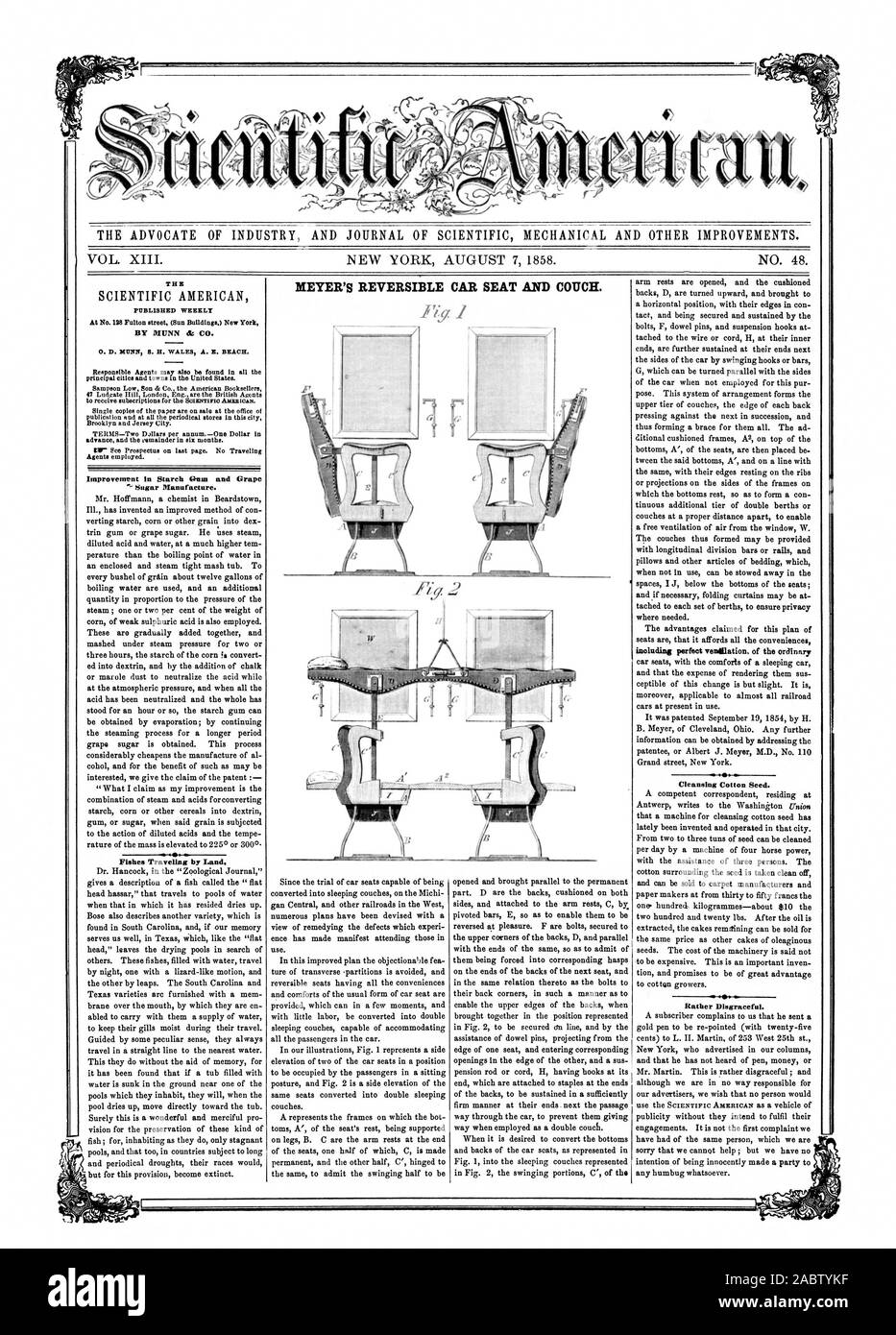 THE ADVOCATE OF INDUSTRY AND JOURNAL OF SCIENTIFIC MECHANICAL AND OTHER IMPROVEMENTS. MEYER'S REVERSIBLE CAR SEAT AND COUCH. fig Improvement In Starch 6Inm and Grape  Sugar Manufacture. Fishes Traveling by Land. including perfect ventilation. of the ordinary Cleansing Cotton Seed. Rather Disgraceful., scientific american, 1858-08-07 Stock Photo