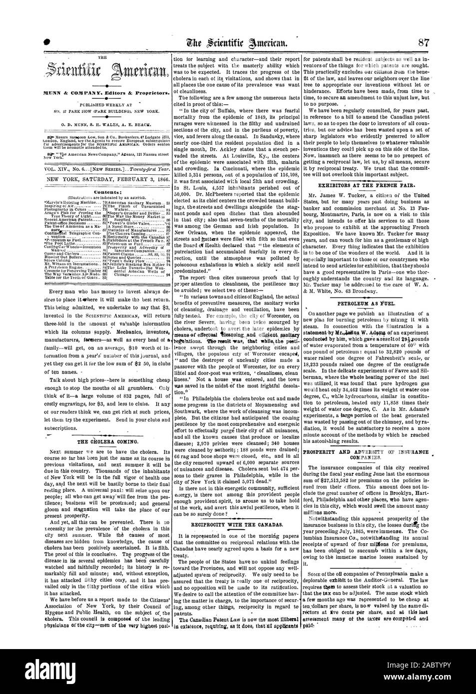 MENAI COMPANY Editors & Proprietors. Contents: THE CHOLERA COMING. RECIPROCITY WITH THE CANADAS. EXHIBITORS AT THE FRENCH FAIR. PETROLEUM A S FUEL. PROSPERITY AND ADVERSITY OF INSURANCE COMPANIES., scientific american, 1866-02-03 Stock Photo