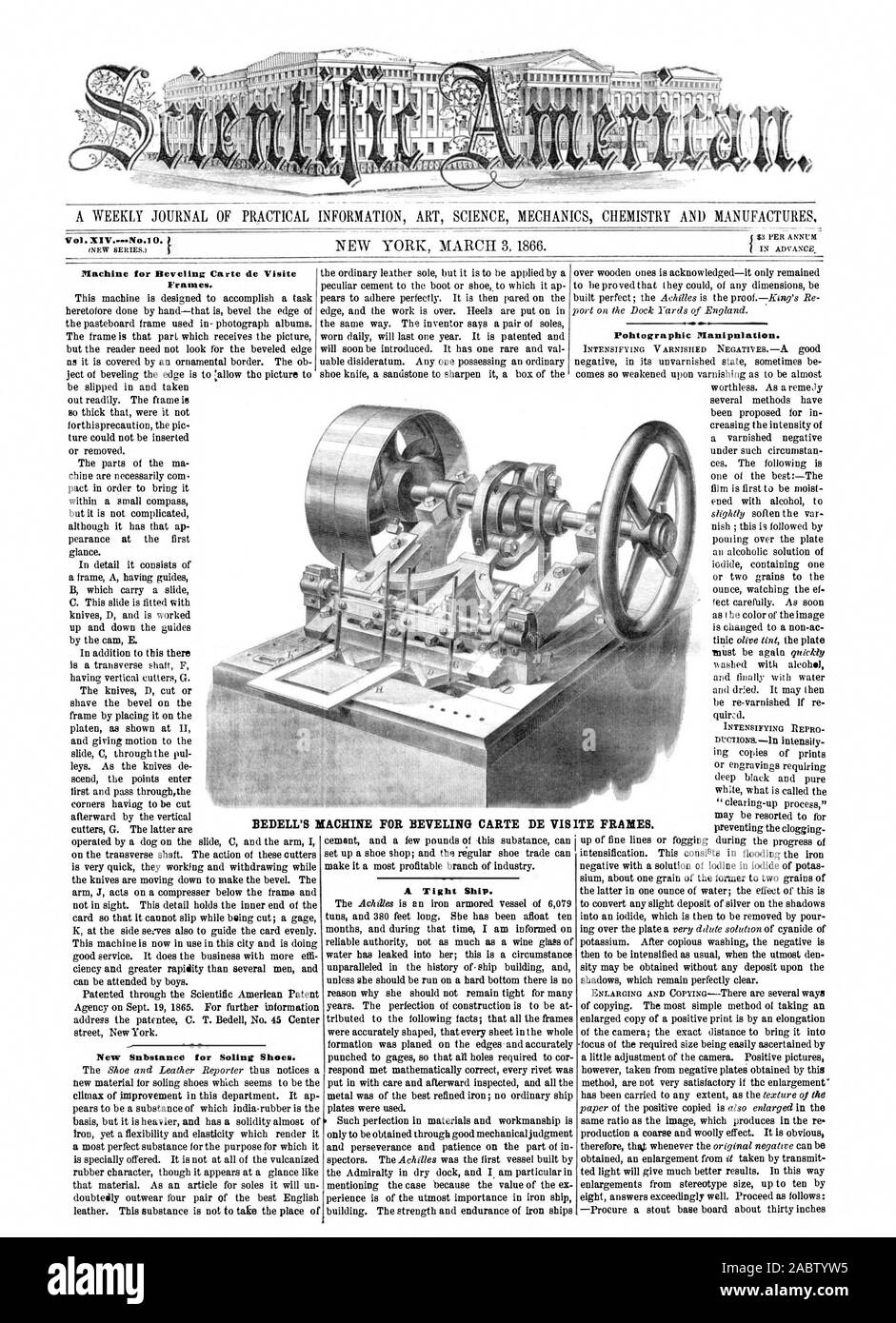 A WEEKLY JOURNAL OF PRACTICAL INFORMATION ART SCIENCE MECHANICS CHEMISTRY AND MANUFACTURES Machine for Beveling Carte de Visite Frames. New Snbstanco for Soling Shoes. A Tight Ship. Pohtographic Manipnlation. BEDELL'S MACHINE FOR BEVELING CARTE DE VIS ITE FRAMES., scientific american, 1866-03-03 Stock Photo