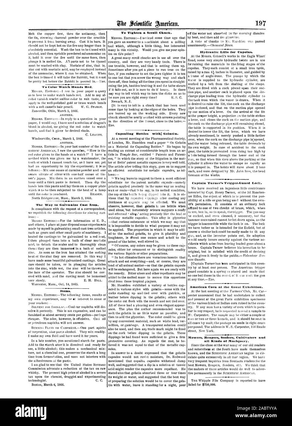 Co Color Watch Hands Bed. The Way to Galvanize Cast Iron. Items. To Tighten a Scroll Chuck. 4 Capsuling Bottles with; Gelatin. Hydraulic Lifts for Cupolas. American Corn at the Great Exhibition. Mowers Reapers Seeders Cultivators and all Kinds of Machinery., scientific american, 1866-03-24 Stock Photo
