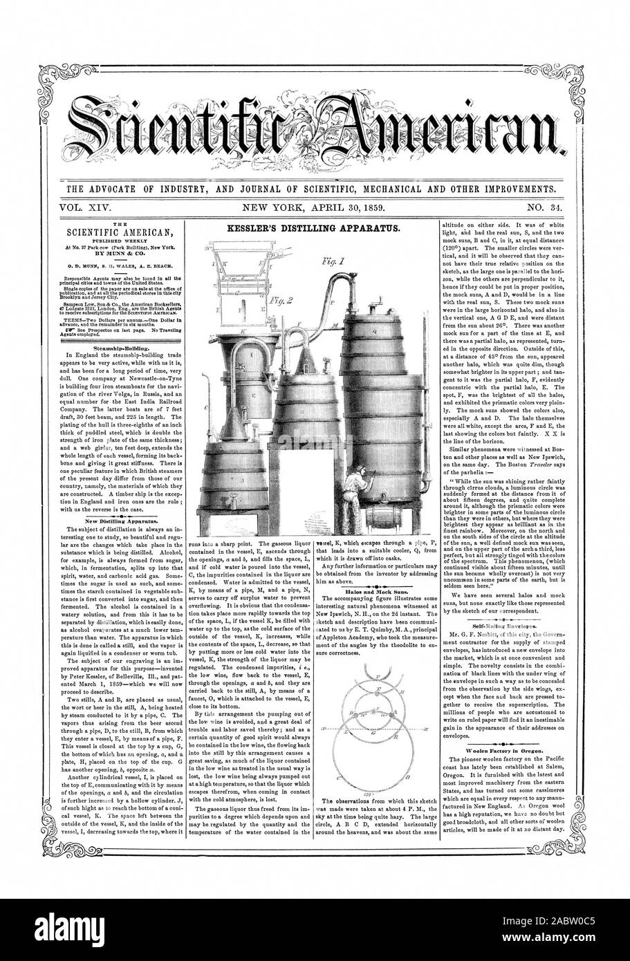 THE ADVOCATE OF INDUSTRY AND JOURNAL OF SCIENTIFIC MECHANICAL AND OTHER IMPROVEMENTS. KESSLER'S DISTILLING APPARATUS., scientific american, 1859-04-30 Stock Photo
