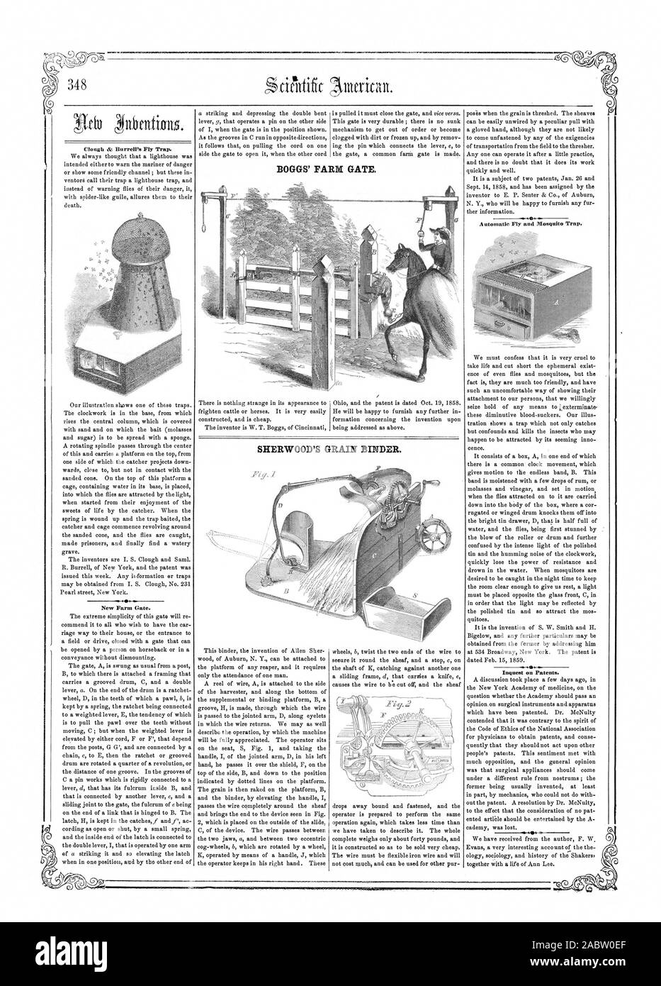 New Farm Gate. BOGGS' FA Rid GATE. Automatic Fly anti Mosquit Inquest on Patents. SHERWOOD'S GRAIN BINDER., scientific american, 1859-06-25 Stock Photo