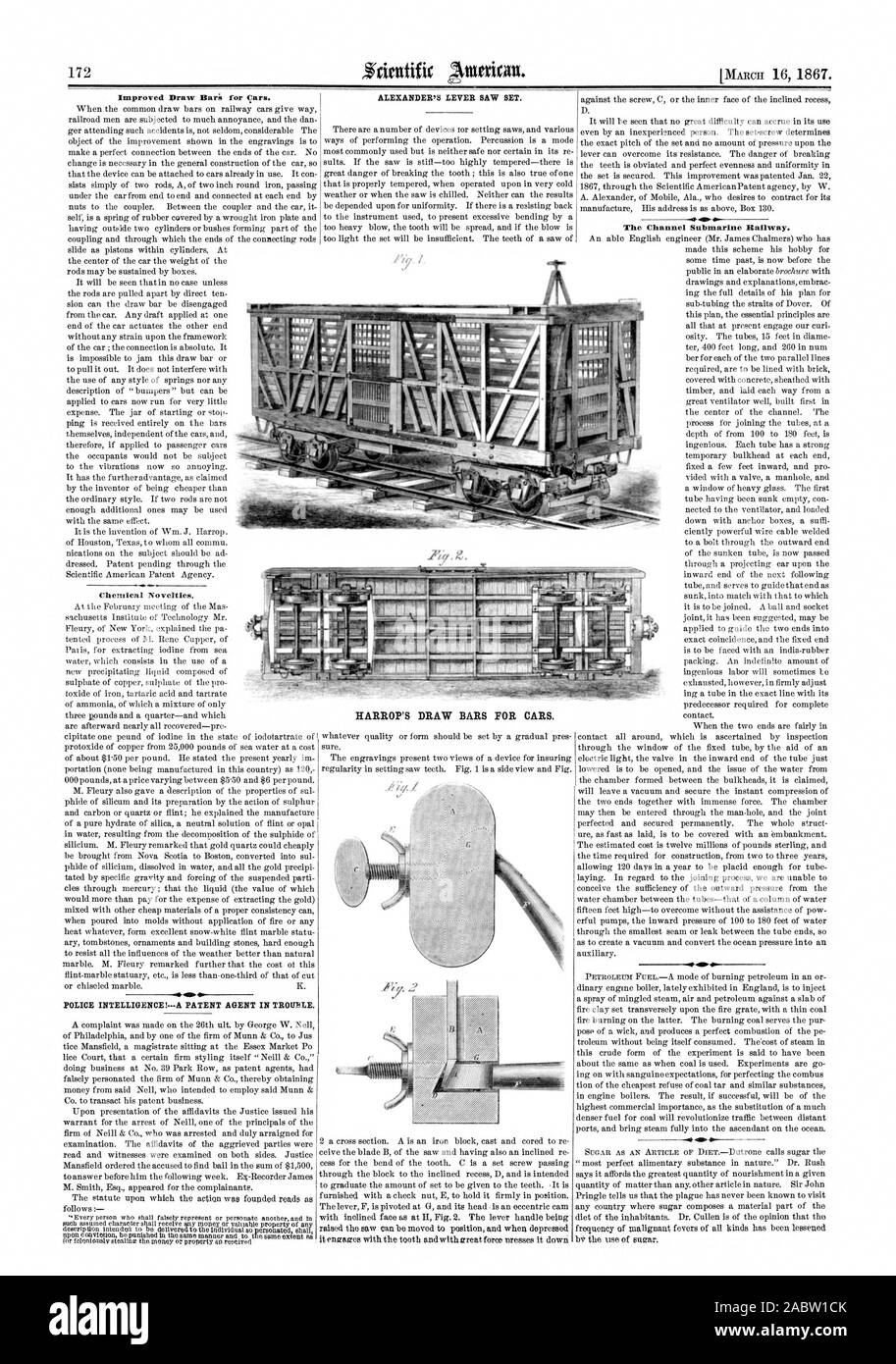 Improved Draw Bari for Cars. ALEXANDER'S LEVER SAW SET. HARROP'S DRAW BARS FOR CARS. The Channel Submarine Railway. POLICE INTELLIGENCE!A PATENT AGENT IN TROUBLE., scientific american, 67-03-16 Stock Photo