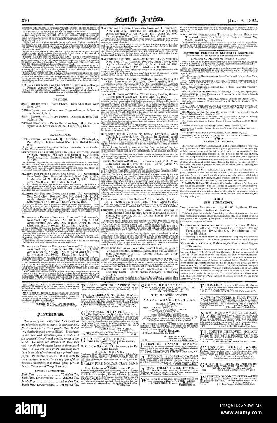 EXTENSION NOTICES. NEW PUBLICATIONS., scientific american, 1867-06-08 Stock Photo