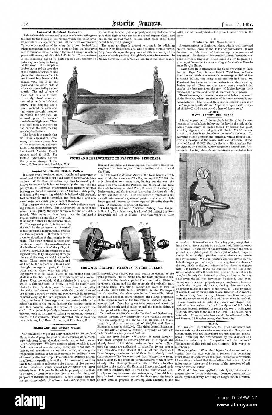 Improved Bedstead Fastener. Improved Friction Clutch Pulley. Menhaden 0 Manufacture. -1.41 flints. COCHRAN'S IMPROVEMENT IN FASTENING BEDSTEADS. BROWN & SHARPE'S FRICTION CLUTCH PULLEY., scientific american, 1867-06-15 Stock Photo