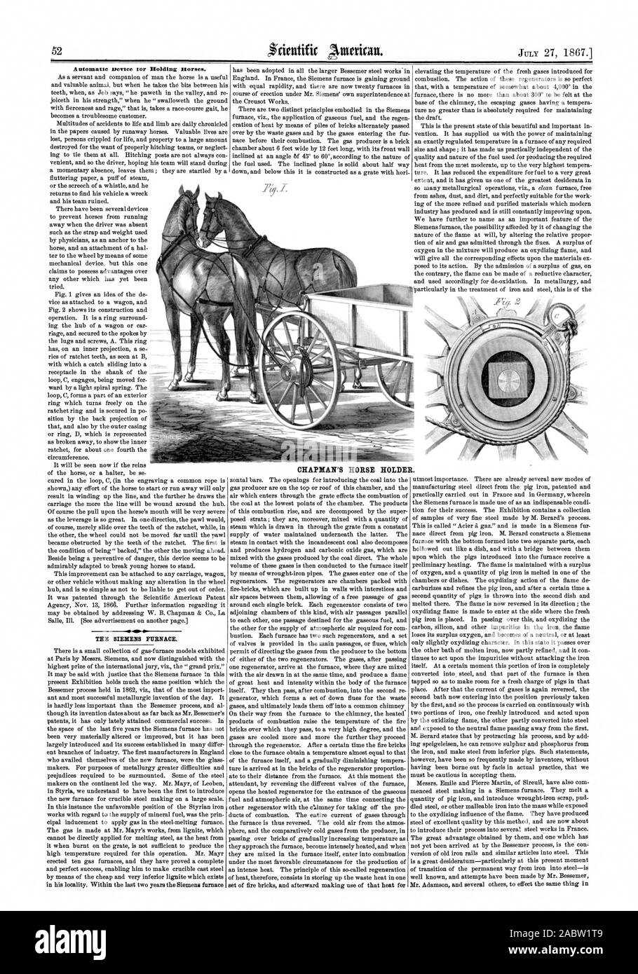 Automatic Device ior Holding tiorses. THE SIEMENS FURNACE. CHAPMAN'S HORSE HOLDER., scientific american, 1867-07-27 Stock Photo