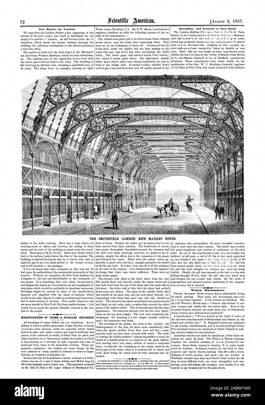 New Market for London. Durability and Tenacity of Steel Rails. THE SMITHFIELD (LONDON) NEW MARKET HOUSE. MISAPPLICATION OF TERMS--.A SO-CALLED EXPLOSION. Women Watchmakers., scientific american, 1867-08-03 Stock Photo