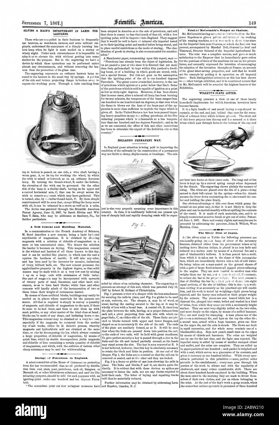 SILVINS & RAIN'S IMPROVEMENT IN LAMPS FOR LANTERNS. A New- Cement and Building Material. 40 Storage of Petroleum in England. HOLLAND'S PERMANENT WAY. Trial of McCormick's Reaper at Chalons. WILLETT'S PLATE LIFTER. The Silver Mint of Japan., scientific american, 1867-09-07 Stock Photo