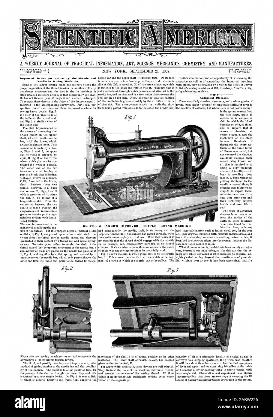 A WEEKLY JOURNAL OF PRACTICAL INFORMATION ART SCIENCE MECHANICS CHEMISTRY AND MANUFACTURES. Improved Device for Actuating the Shuttle and Needle in Sewing Machines. GROVER & BAKER'S IMPROVED SHUTTLE SEWING MACHINE., scientific american, 1867-09-21 Stock Photo