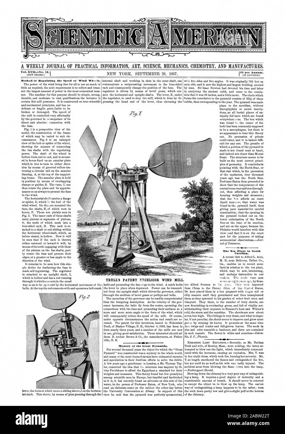 Method of Regulating the Speed of Wind Wheels. TRITLL'S PATENT EXCELSIOR WIND MILL 41 41. Mystery of the Great Pyramids. The Tea Plant in South Carolina., scientific american, 1867-09-28 Stock Photo
