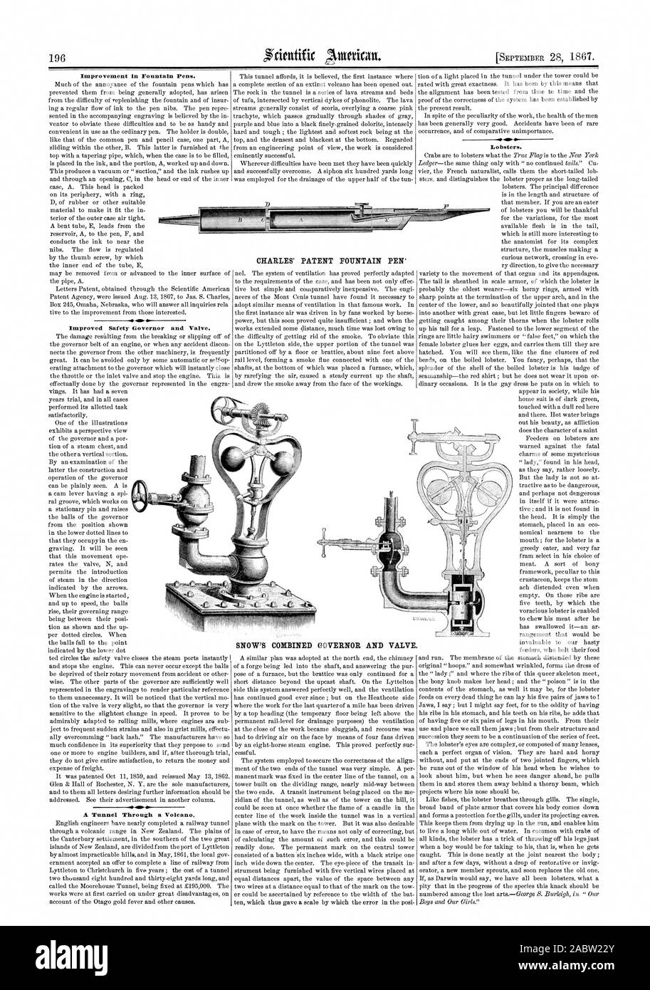 Improvement in Fountain Pens. Improved Safety Governor and Valve. A Tunnel Through a Volcano. CHARLES' PATENT FOUNTAIN PEN' SNOW'S COMBINED GOVERNOR AND VALVE. Lobsters., scientific american, 1867-09-28 Stock Photo