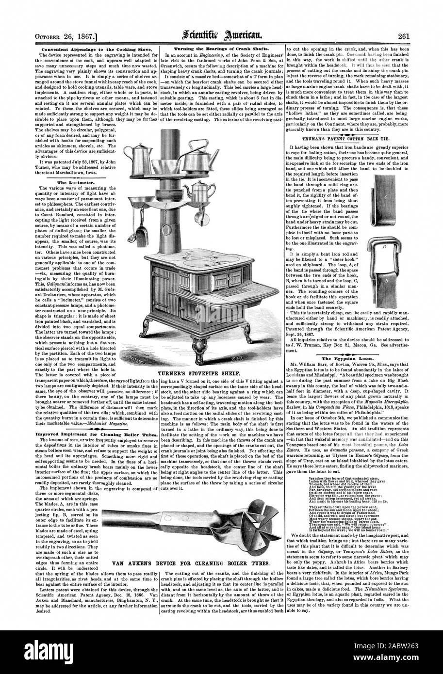Convenient Appendage to the Cooking Stove. The Lueimeter. Improved Implement for Cleaning Boiler Tubes. Turning the Bearings of Crank Shafts. TURNER'S STOVEPIPE SHELF. TRUMAN'S PATENT COTTON BALE TIE. The Egyptian Lotus. VAN AUKEN'S DEVICE FOR CLEANING BOILER TUBES., scientific american, 1867-10-26 Stock Photo