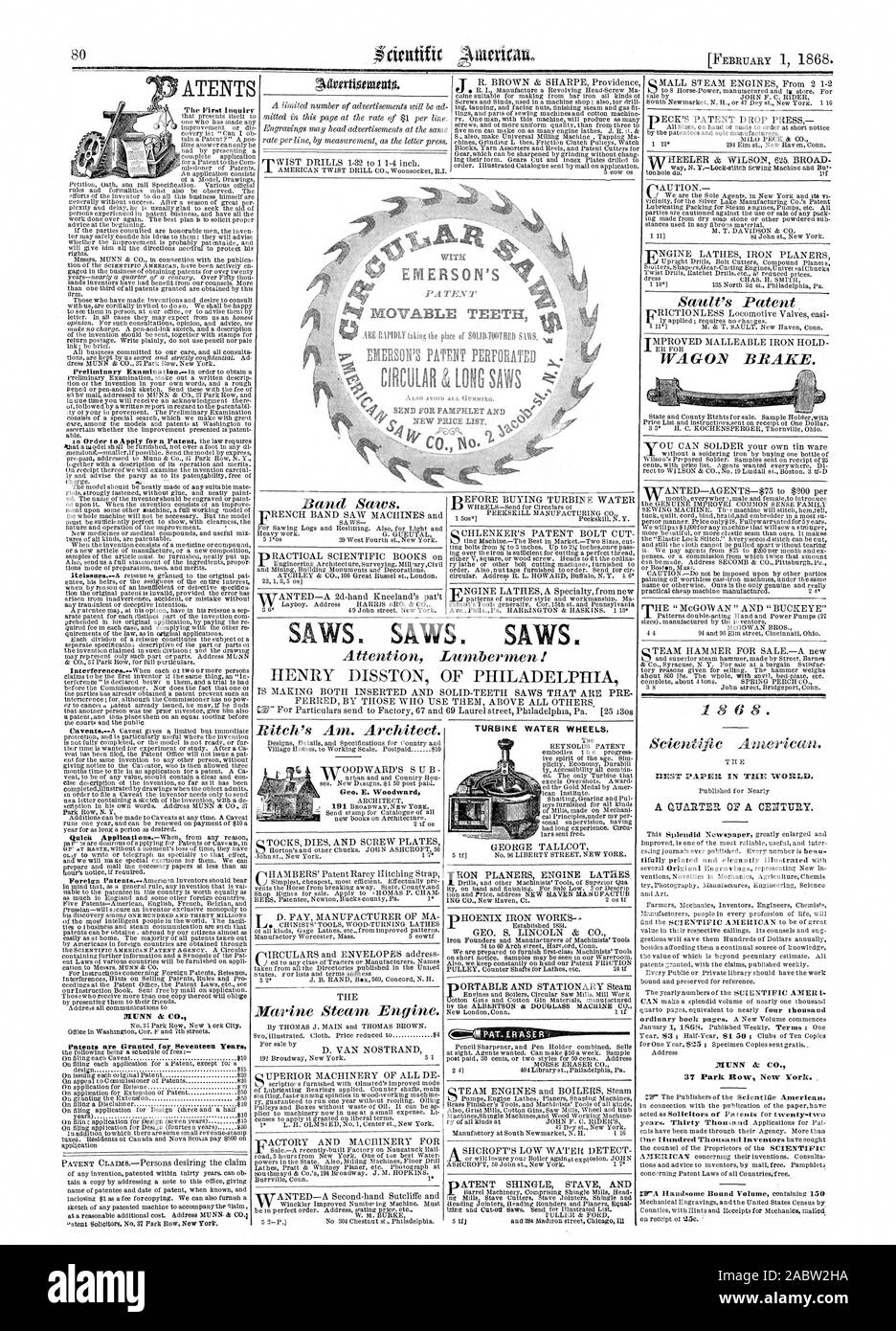80 SEND FOR PAMPHLET AND NEW PRICE LIST )Gtls SAWS SAWS SAWS 37 Park Row New York., scientific american, 1868-02-01 Stock Photo
