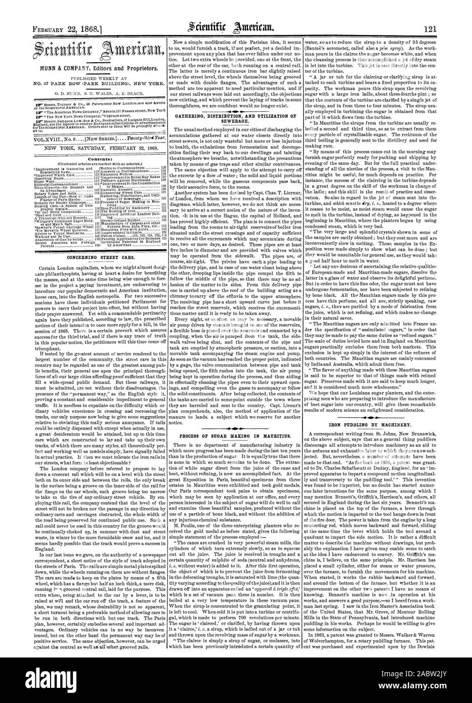 GATHERING DISTRIBUTION AND UTILIZATION OF SEWERAGE. CONCERNING STREET CARS. . 41. PROCESS OF SUGAR NAKING IN MAURITIUS. IRON PUDDLING BY MACHINERY., scientific american, 1868-02-22 Stock Photo