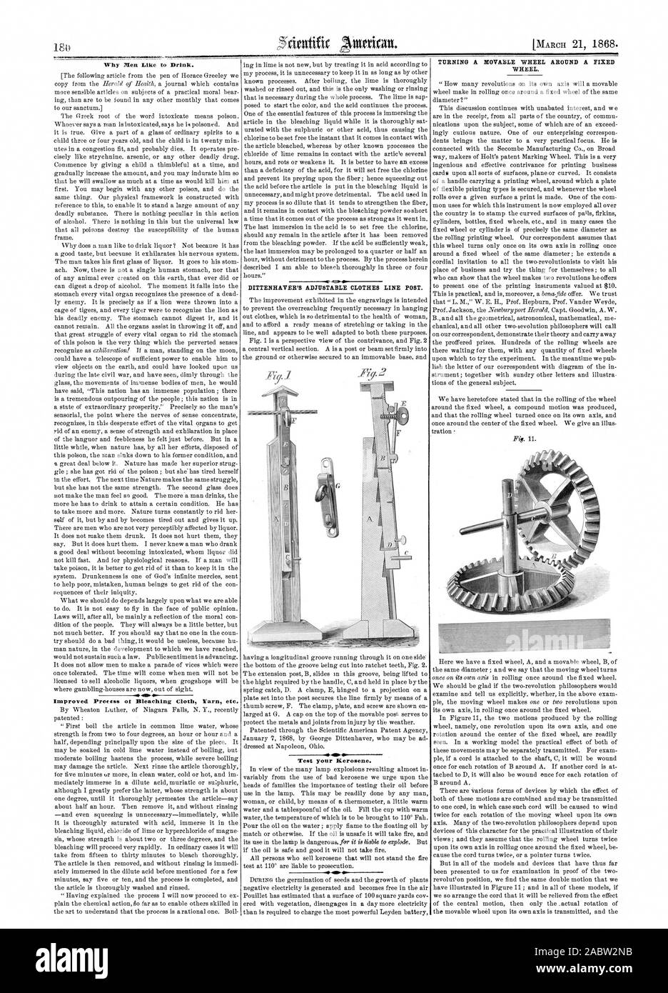 Why Men Like to Drink. Improved Proms of Bleaching Cloth Yarn etc. DITTENHAVER'S ADJUSTABLE CLOTHES LINE POST. Test your Kerosene. TURNING A MOVABLE WHEEL AROUND A FIXED WHEEL., scientific american, 1868-03-21 Stock Photo