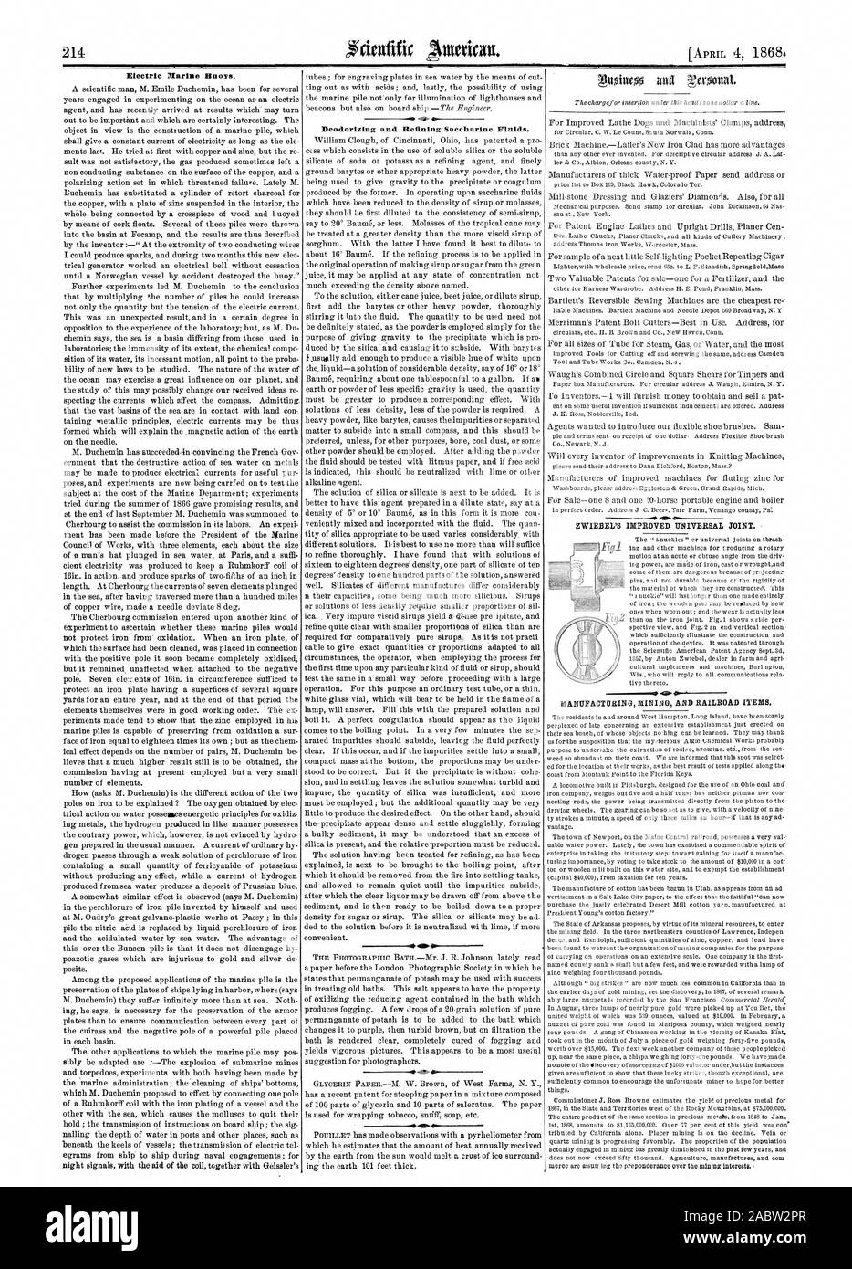 Electric Marine Buoys. 4. Deodorizing and Refining Saccharine Fluids. ZWIEBEL'S IMPROVED UNIVERSAL JOINT. MANUFACTURINmime AND RAILROAD ITEMS., scientific american, 1868-04-04 Stock Photo
