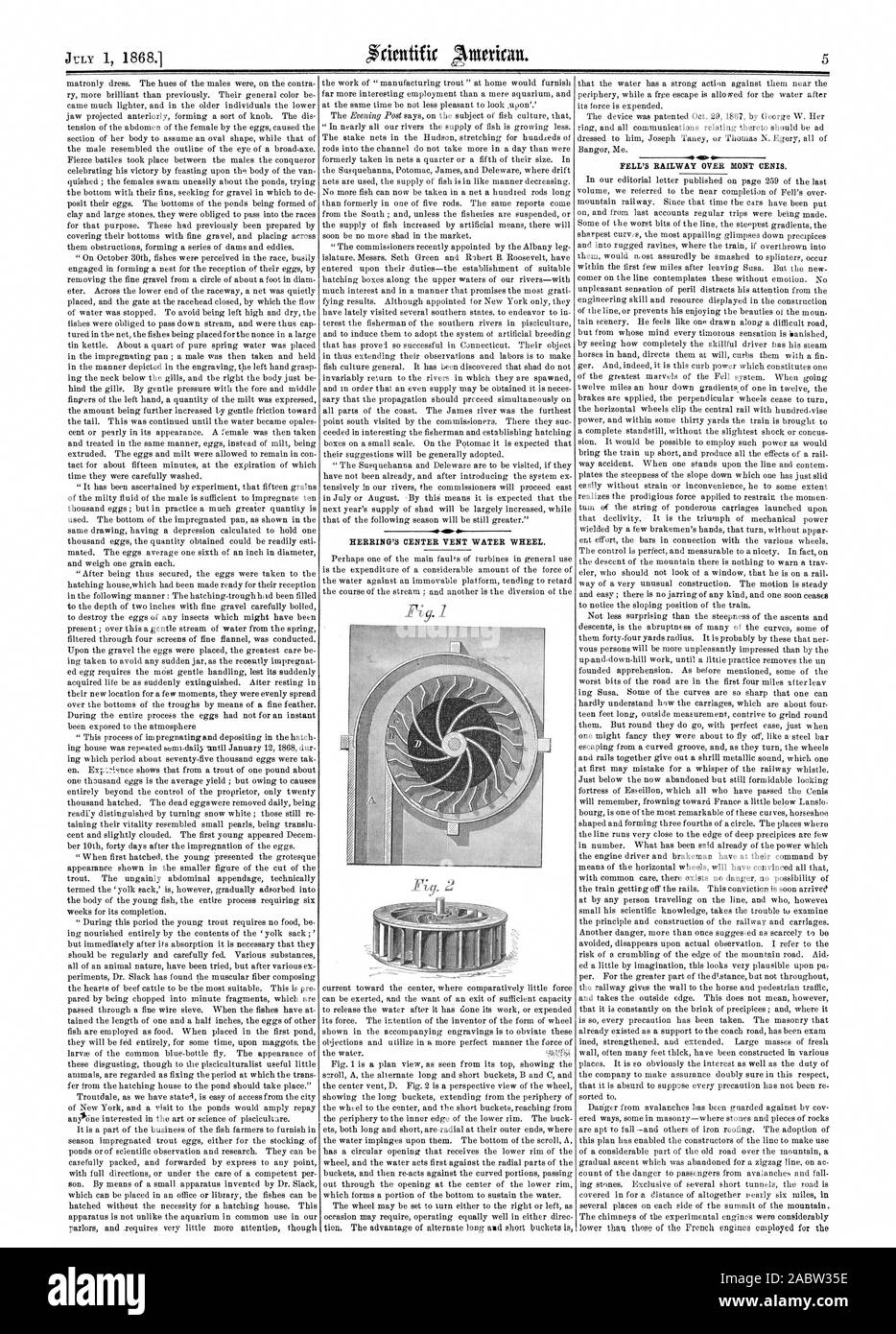 HERRING'S CENTER VENT WATER WHEEL. 4P FELL'S RAILWAY OVER MONT CENIS., scientific american, 1868-07-01 Stock Photo