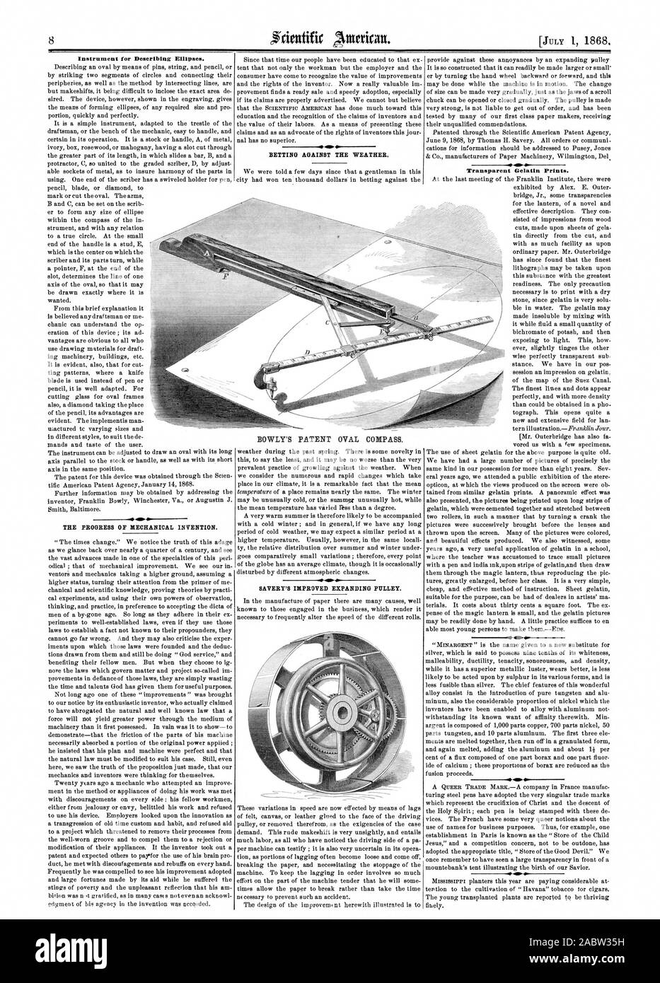 Instrument for Describing Ellipses. THE PROGRESS OF MECHANICAL INVENTION. BETTING AGAINST THE WEATHER. BOWLY'S PATENT OVAL COMPASS SAVERY'S IMPROVED EXPANDING PULLEY. Transparent Gelatin Prints. , scientific american, 1868-07-01 Stock Photo