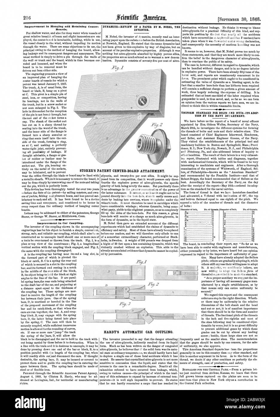 STORER'S PATENT CENTER-BOARD ATTACHMENT. Improvement in Hanging and Retaining Censer. Boards. Improvement in Car Coupling. UNIFORM STANDARD FOR BOLTS AND NUTS—ITS ADOP TION BY THE NAVY DEPARTMENT. 34 34 234 DYNAMITE—REVIEW OF A PAPER BY IL NOBEL THE INVENTOR. HARDY'S AUTOMATIC CAR COUPLING., scientific american, 1868-09-30 Stock Photo
