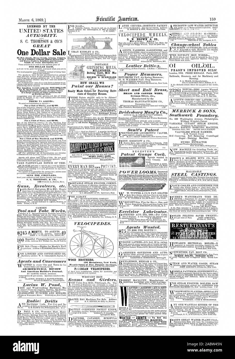 LICENSED BY THE One Dollar Sale Of Dry Goods Dress Goods Linens Cottons ted Ware Cutlery Leather and German Goods of every description etc. ONE DOLLAR EACH The Smallest Article sold for ONE DOLLAR Bottled Revolving Castor or your Choice on Exchange List. TERMS TO AGENTS: For a Club of Sixty and $6 00 For a Club of One Hundred anti $10 00 SEND FOR CIRCULARS. S. C. THOIVIPSON & CO. ARCHITECTURAL REVIEW And American Builder's Journal. HOW SHALL WE Ready Made Colors for Painting Exte riors of Country Houses. PHILADELPHIA. WOOD BROTHERS PARISIAN VELOCIPEDES PEASE'S IMPROVED OILS! PRESSURE BLOWERS S Stock Photo