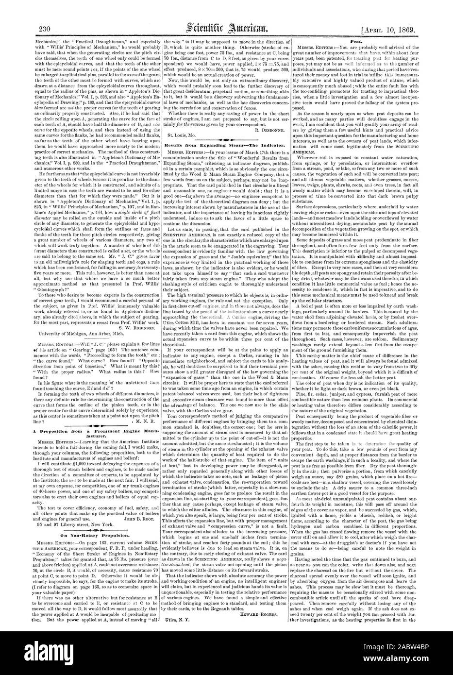 A Proposition from a Prominent Engine Manu facturer. .2. On Non-Rotary Propulsion. Results from Expanding SteamThe Indicator. HOWARD ROGERS. Peat., scientific american, 1869-04-10 Stock Photo