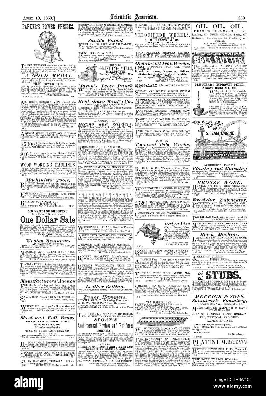 APRIL 10 1869. JOURNAL ELEMENTS OF HAND RAILING. Dayton Ohio. Chairs Iron Stairs Spiral and Straight WIRE WORK. SHEET IRON. coi STUBS AT FACTORY PRICES. BRASS AND COPPER WIRE OIL OIL OIL. PEASE'S IMPROVED OILS! Always Right Side Up. STEAM V WASHINGTON IRO WORKS, scientific american, 1869-04-10 Stock Photo