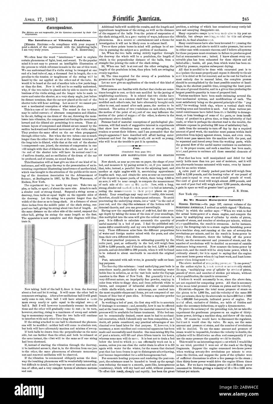The Interference of Vibrating Pendulums. 10. 40. Peat. Do We Measure Horse-power Correctly, scientific american, 1869-04-17 Stock Photo