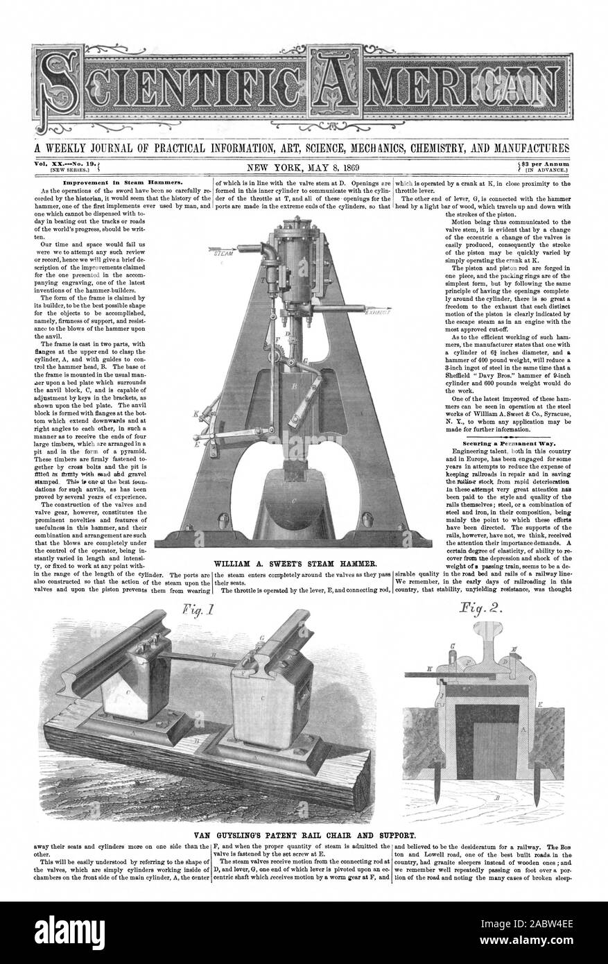 Improvement in Steam Hammers. WILLIAM A. SWEET'S STEAM HAMMER. Securing a permanent Way. GUYSLING'S PATENT RAIL CHAIR AND SUPPORT. VAN, scientific american, 1869-05-08 Stock Photo