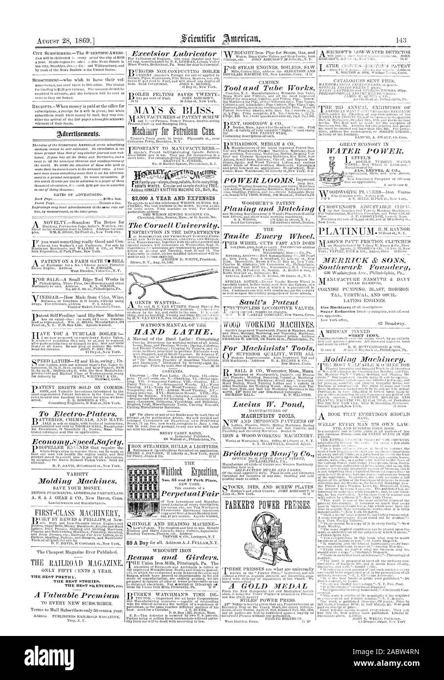 AUGUST 28 1869. THE BEST POETRY. THE BEST STORIES. $2000 A YEAR AND EXPENSES MACHINISTS' TOOLS, scientific american, 1869-08-28 Stock Photo