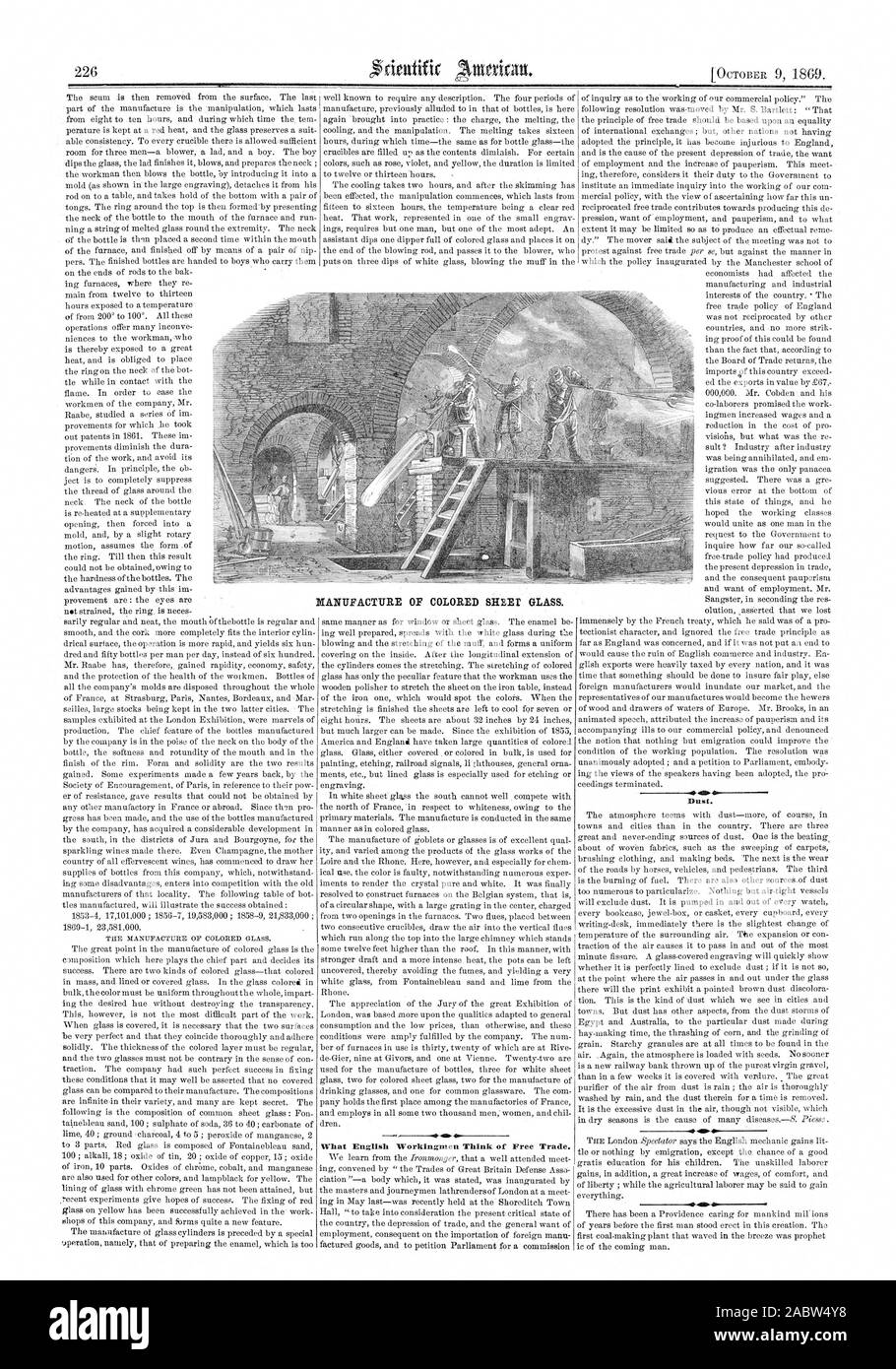 226 What English Workingmen Think of Free Trade. 0-1 40 Dust. MANUFACTURE OF COLORED SHEET GLASS., scientific american, 1869-10-09 Stock Photo