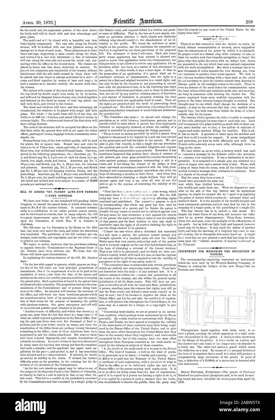 BILL TO AMEND THE PATENT LAWS NOW PENDING BEFORE CONGRESS. ELECTRIC FORCES. INSTRUMENT FOR MEASURING THE DEFLECTION OF GIRDERS, scientific american, 1870-04-30 Stock Photo