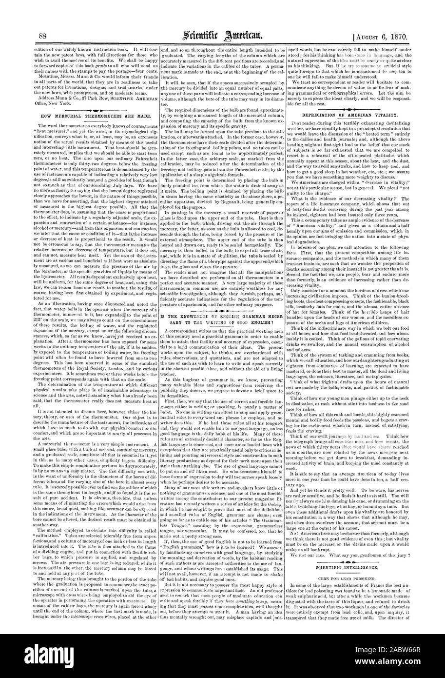 460.41. HOW MERCURIAL THERMOMETERS ARE MADE IS THE KNOWLEDGE OF ENGLISH  GRAMMAR NECES SARY TO THE WRITING OF GOOD ENGLISH? 4430. SCIENTIFIC  INTELLIGENCE, scientific american, 1870-08-06 Stock Photo - Alamy
