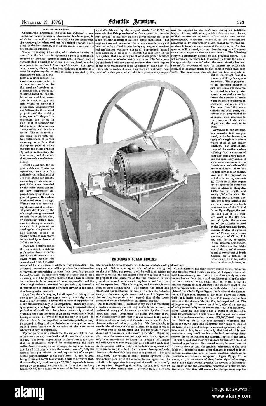 ERICSSON'S SOLAR ENGINE., scientific american, 1870-11-19 Stock Photo