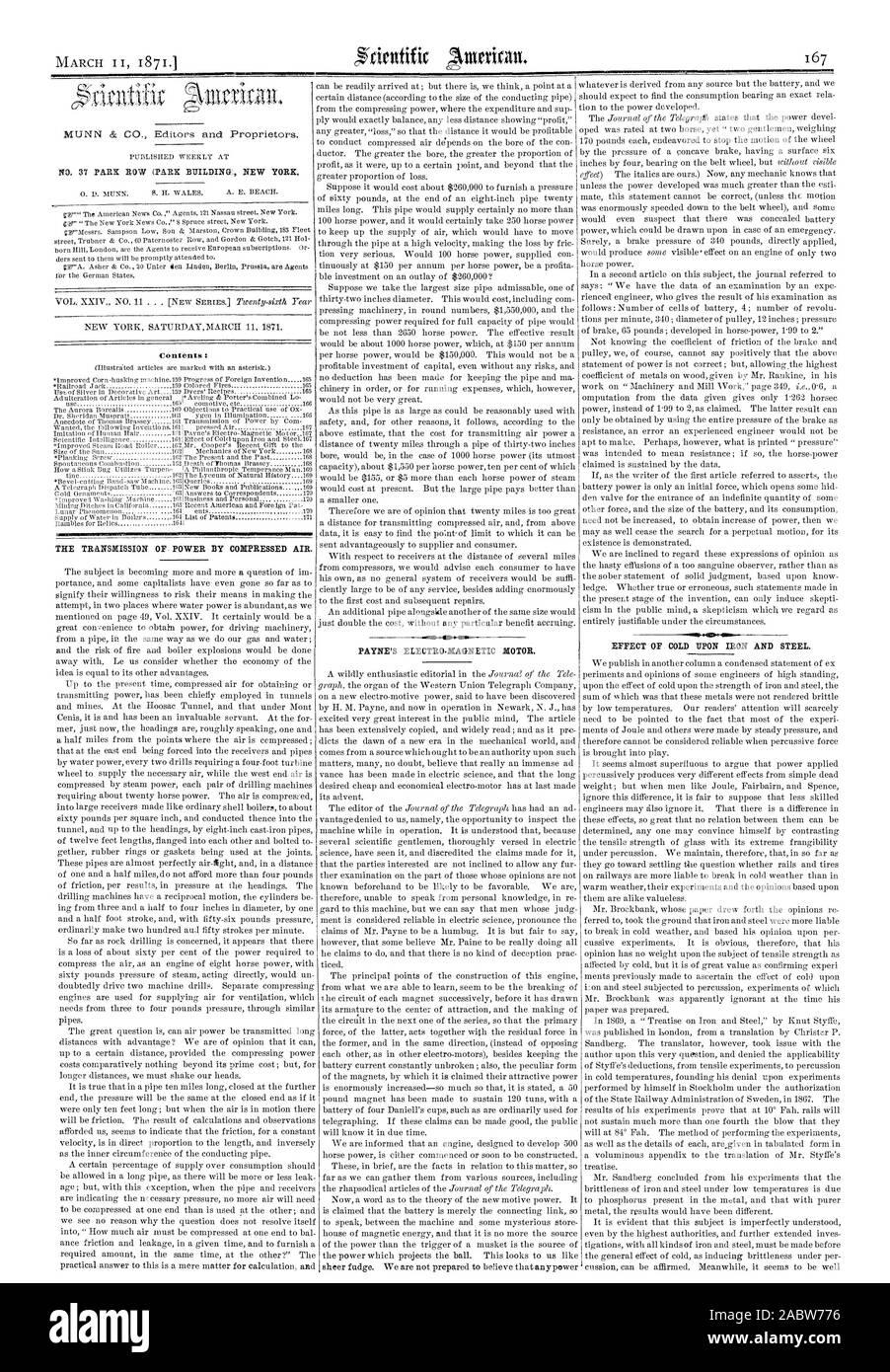 MARCH II I 87  'NM NO. 37 PARK ROW (PARK BUILDING NEW YORK Contents : THE TRANSMISSION OF POWER BY COMPRESSED AIR. PAYNE'S ELECTRO-MAGNETIC MOTOR., scientific american, 71-03-11 Stock Photo