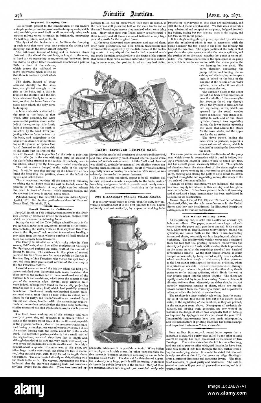 Fossil Forest in California. HAND'S IMPROVED DUMPING CART. COPE & MAXWELL'S UPRIGHT BOILER FEEDER. The Walter Printing Press., scientific american, 1871-04-29 Stock Photo