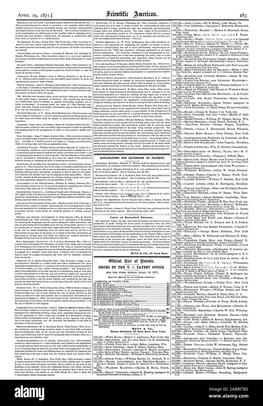 APPLICATIONS FOE EXTENSION OF PATENTS. Value of Extended Patents. MUNN & CO. 37 Park Row. ISSUED BY THE U. S. PATENT OFFICE. MUNN & CO. Patent Solicitors. 37 Park Row New York., scientific american, 1871-04-29 Stock Photo