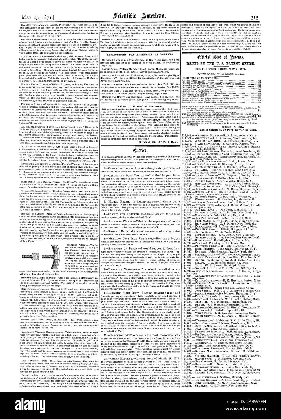 APPLICATIONS FOR EXTENSION OF PATENTS Value of Extended Patents. ISSUED BY THE U. S. PATENT OFFICE. rUNN & C Patent Solicitors 37 Park Row New York., scientific american, 1871-05-13 Stock Photo