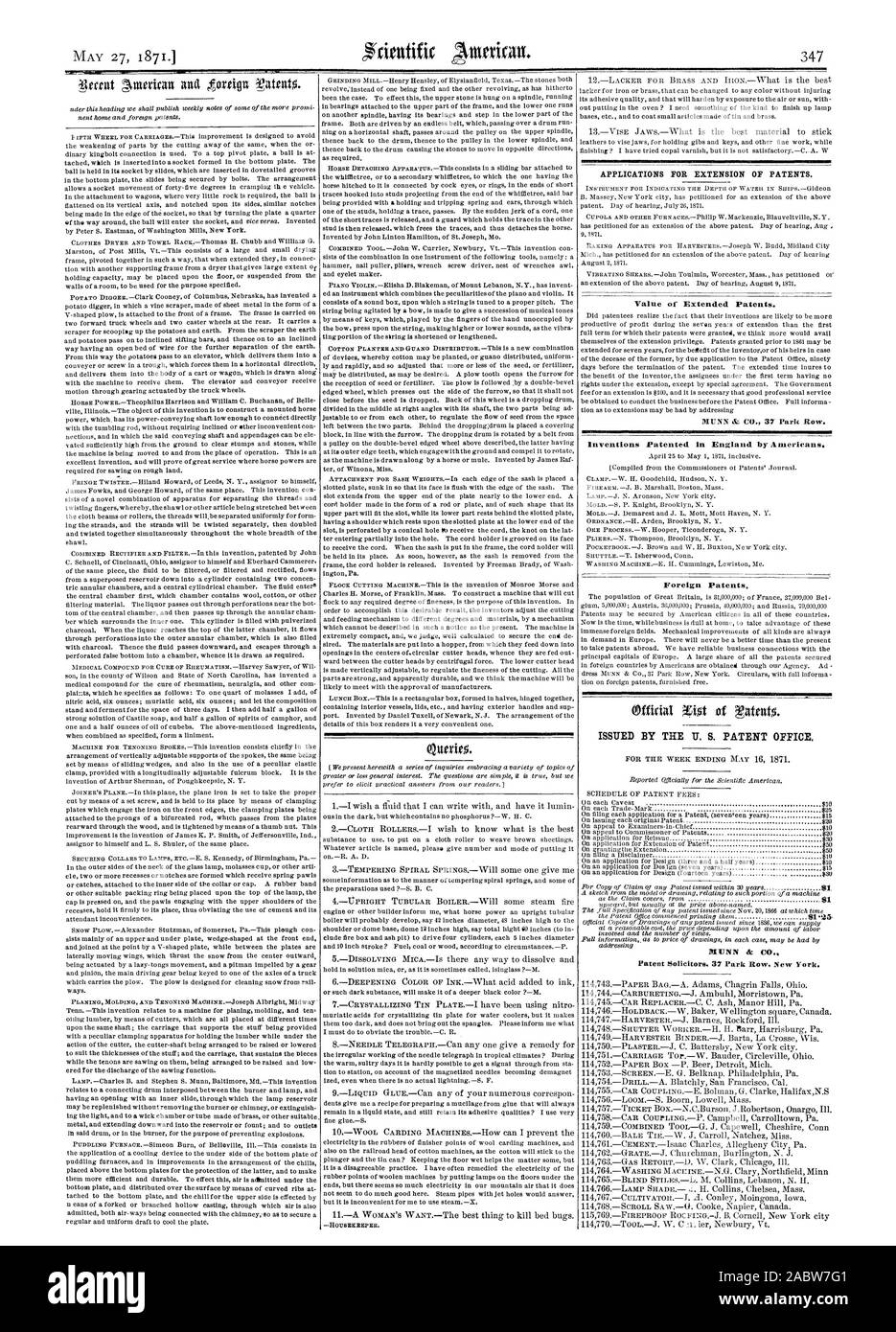 APPLICATIONS FOR EXTENSION OF PATENTS. Value of Extended Patents. MUNN & CO. 37 Park Row. Inventions Patented in England by Americans. Foreign Patents, scientific american, 1871-05-27 Stock Photo